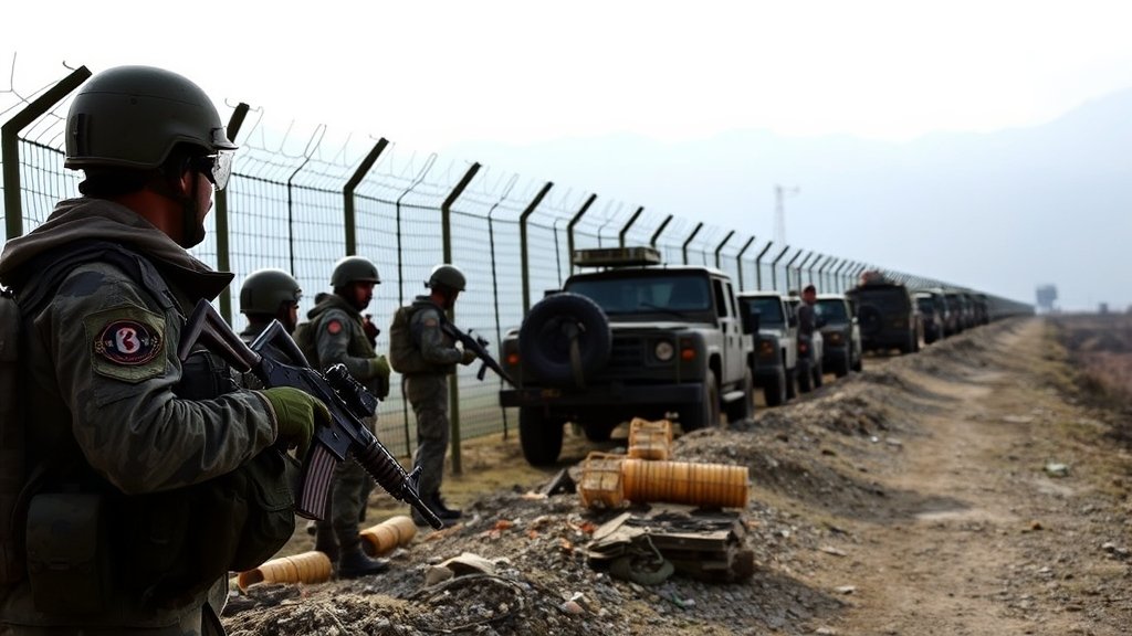 A dramatic image of the Afghanistan-Pakistan border with troops and military equipment in the foreground, and a subtle hint of the Himalayan mountains in the background.