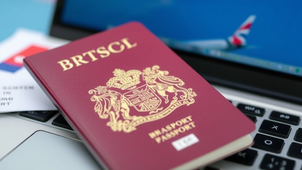 A British passport with a laptop and a plane ticket in the background, representing the new UK travel rules for expats in the UAE and Gulf countries