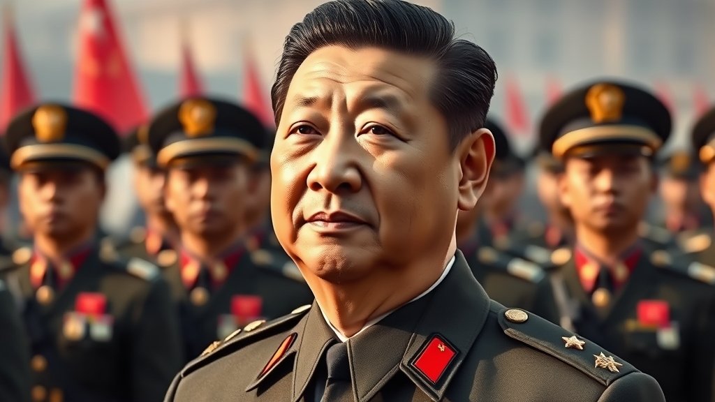A photo of Xi Jinping in a military uniform, with a subtle background of Chinese military personnel and equipment, conveying a sense of power and control.