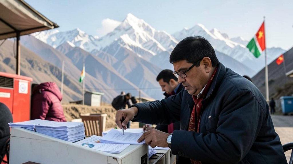 A photo of a Nepalese voter casting their ballot in a polling station, with a backdrop of the Himalayan mountains and a subtle hint of Indian and Chinese flags in the distance.