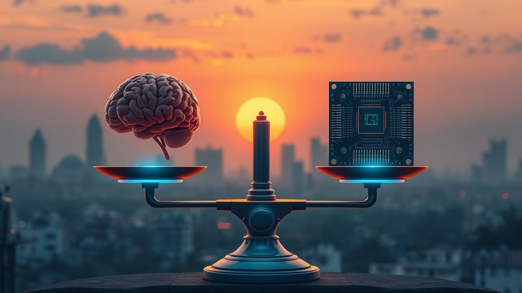 A futuristic illustration depicting a balance scale with a brain on one side and a computer chip on the other, set against a backdrop of Indian cityscape at sunset, with a subtle glow of circuit boards and wires connecting the brain and chip.
