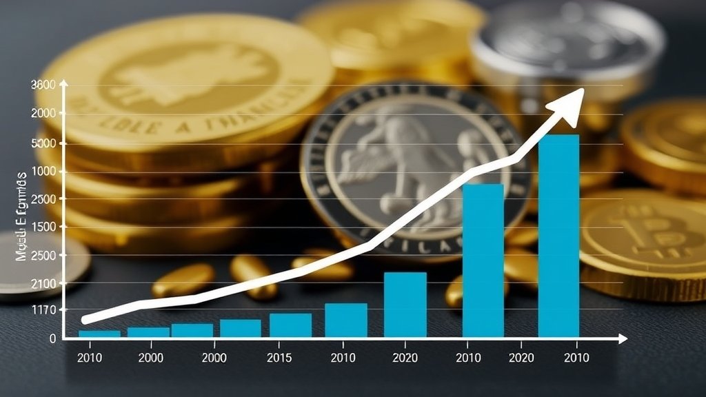 A graph showing the growth of mutual funds in India with a picture of gold and silver in the background