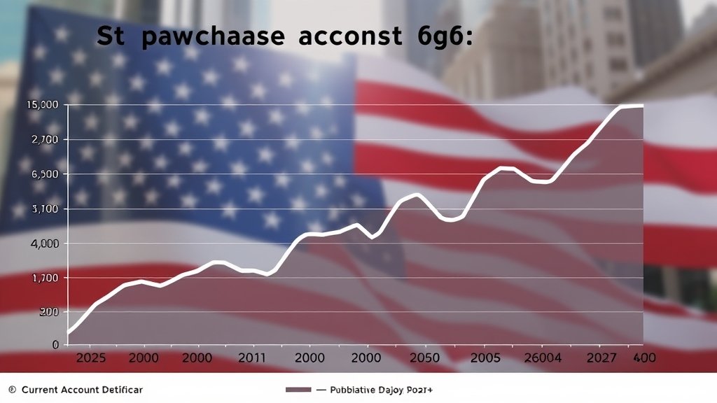 A graph showing the US current account deficit over the past decade, with a subtle background image of the US flag or a financial district