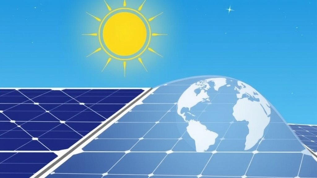 An illustration of a solar panel with a globe in the background, highlighting the impact of US tariffs on Indian solar exports