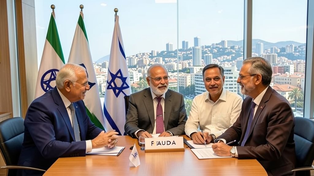 Prime Minister Narendra Modi meeting the cast of Fauda in Israel, with a backdrop of Indian and Israeli flags, and a cityscape of Tel Aviv.