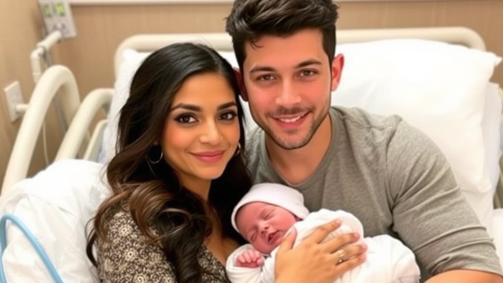 A photo of Priyanka Chopra and Nick Jonas with their baby Malti Marie, with a subtle background of a hospital or a nursery to represent the premature birth story.
