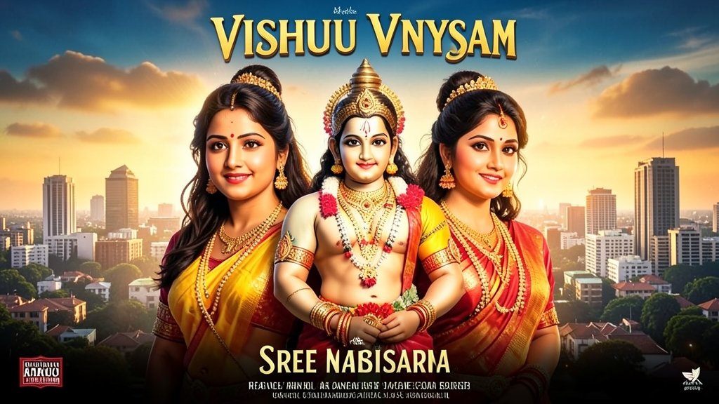 A movie poster of Vishnu Vinyasam with Sree Vishnu and Nayan Sarika in the lead roles, with a cityscape in the background and a hint of comedy and drama in the foreground.