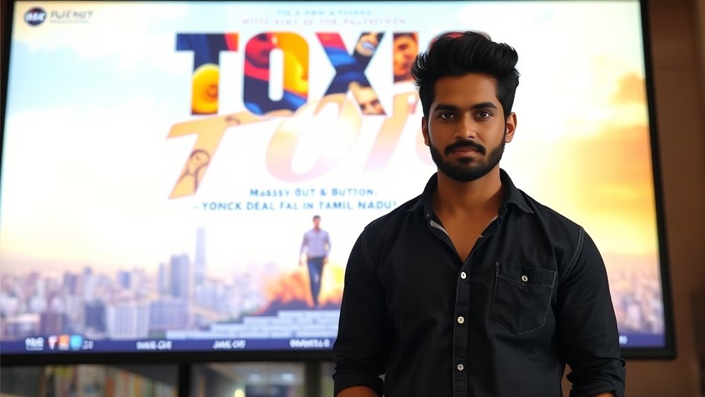 A photo of Yash standing in front of a large screen displaying the poster of his movie Toxic, with a cityscape in the background, symbolizing the film's massive distribution deal in Tamil Nadu.
