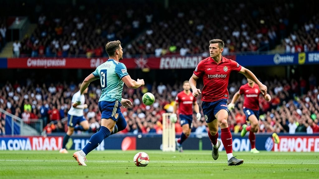 A dramatic image of a cricket stadium with New Zealand and England players in action, with a packed crowd in the background