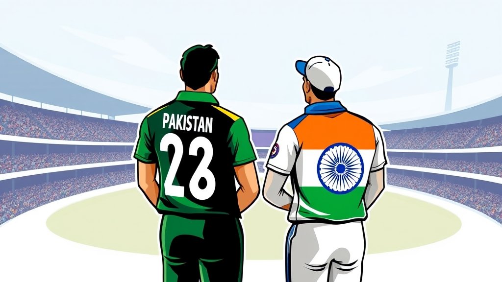A graphic illustration of a cricket player from Pakistan and a player from India standing together, with a cricket stadium in the background, symbolizing unity and fair play in the sport.