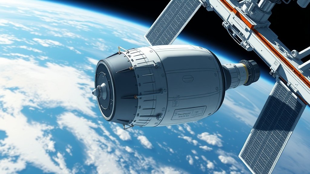 A detailed illustration of the SpaceX Dragon cargo capsule undocking from the International Space Station, with the Earth's surface visible in the background, and a subtle hint of the Pacific Ocean where it will land.