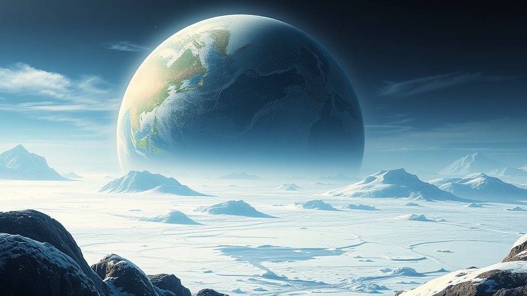 A dramatic illustration of the Snowball Earth theory, with a frozen planet and a few areas of open water, surrounded by glaciers and ice sheets, with a subtle hint of ancient Scottish rocks in the foreground.