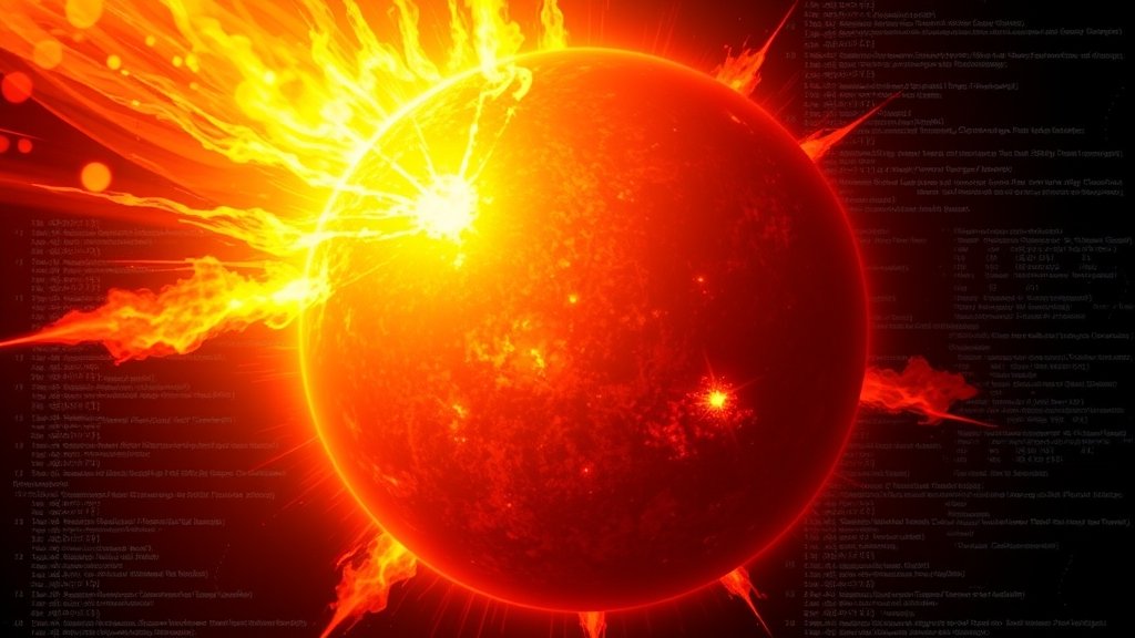 An illustration of the sun with a massive solar flare erupting from its surface, with a subtle background of coding and data analysis to represent the AI model used for forecasting.
