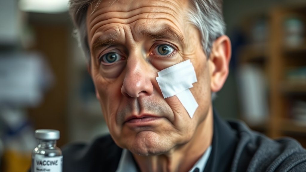A middle-aged person with a bandage on their face, looking concerned, with a blurred background of a doctor's office or a pharmacy, and a subtle hint of a vaccine vial or a medical brochure in the foreground.