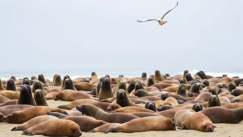 A photo of a colony of elephant seals at Año Nuevo State Park in California, with a subtle hint of a bird flying overhead, symbolizing the threat of bird flu.