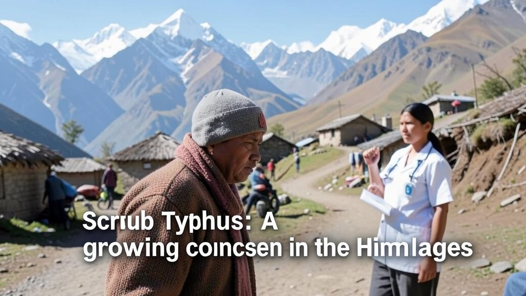 A photo of a person in a village in the Himalayas, with a doctor or healthcare worker in the background, and a caption that reads "Scrub Typhus: A growing concern in the Himalayas"