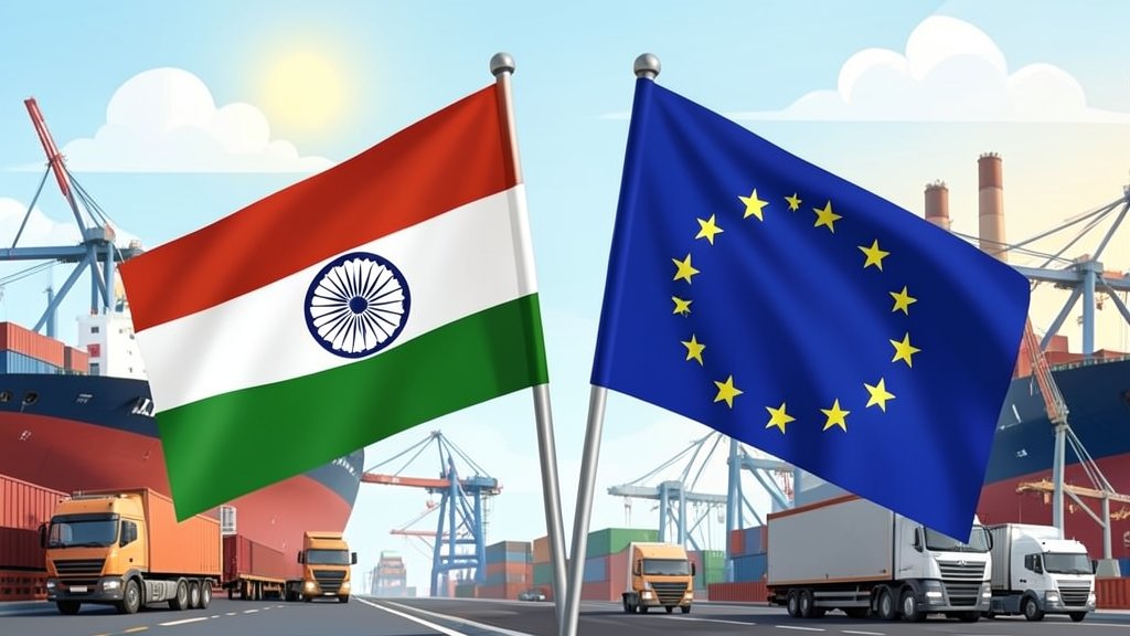 A professional illustration of the Indian and European Union flags together, with a background of trade-related elements such as cargo ships, trucks, and factories, symbolizing the newly agreed trade deal between the two entities.