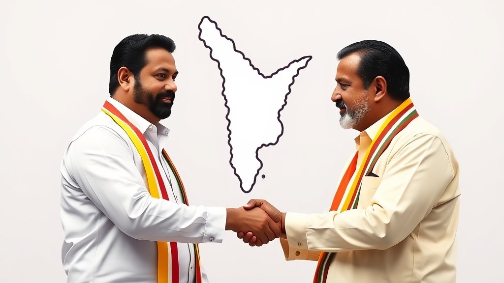 A photo of Panneerselvam and Stalin shaking hands, with a Tamil Nadu state map in the background, symbolizing their new political alliance.