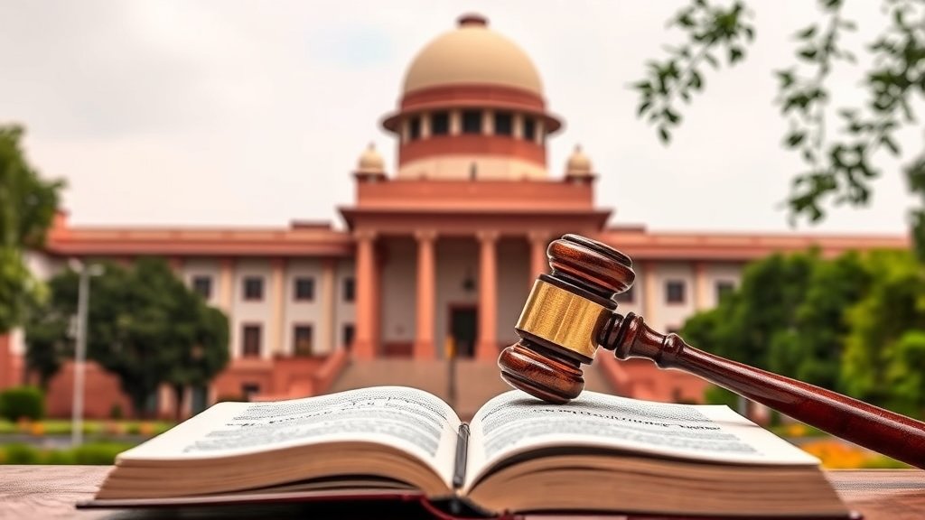 An image of the Indian Supreme Court building with a gavel and a book in the foreground, symbolizing the court's decision on the sedition law.