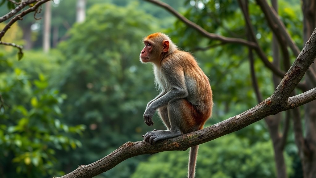 A photograph of a lone macaque monkey sitting on a tree branch, looking out at its surroundings with a mix of curiosity and sadness, set against a backdrop of a lush forest.