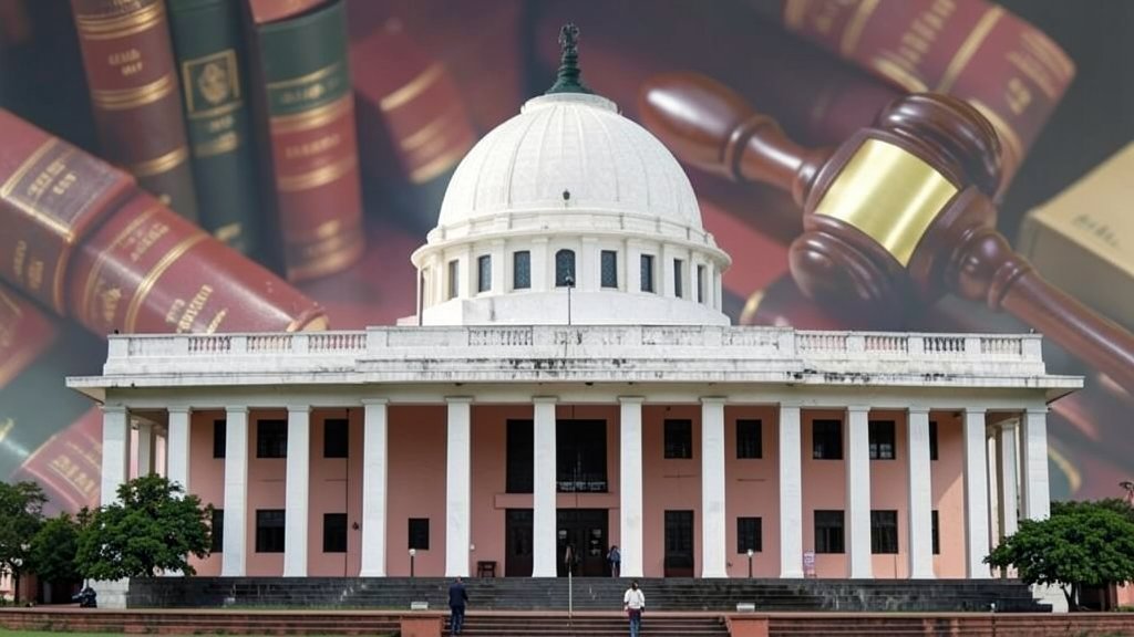 A photo of the Supreme Court of India building with a subtle background of law books and a gavel, symbolizing the importance of the judiciary in the country.