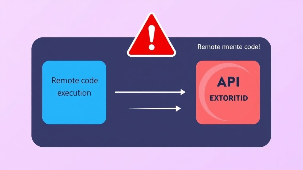 A diagram showing the process of remote code execution and API key exfiltration, with a red warning sign in the background.
