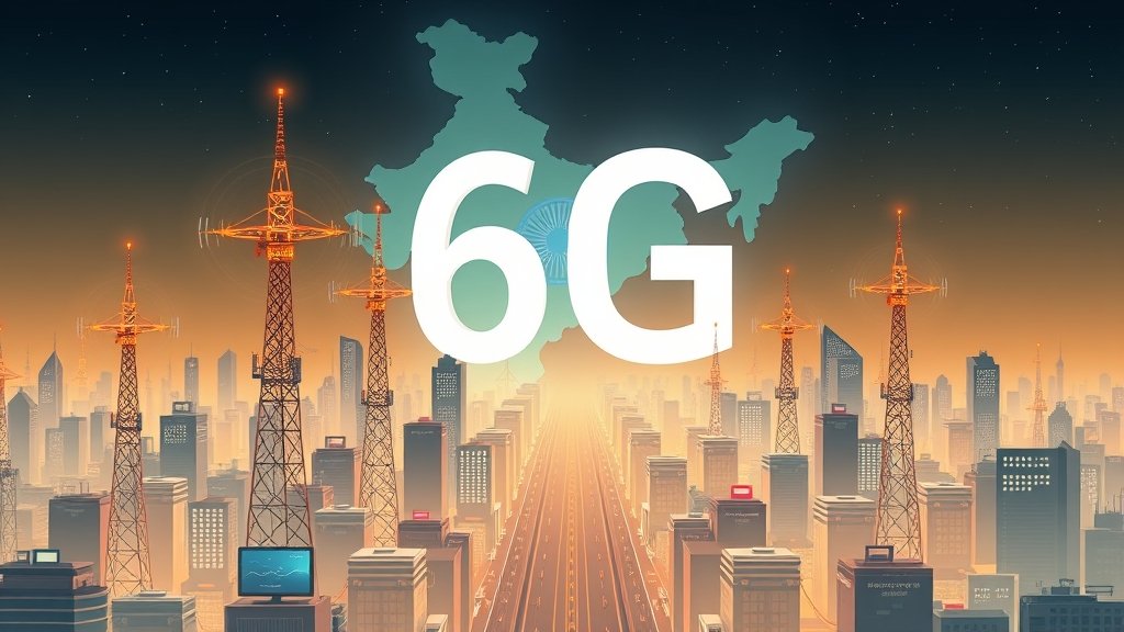A futuristic illustration of a city with 6G network towers and devices, with a subtle Indian flag or map in the background to represent India's role in 6G technology.