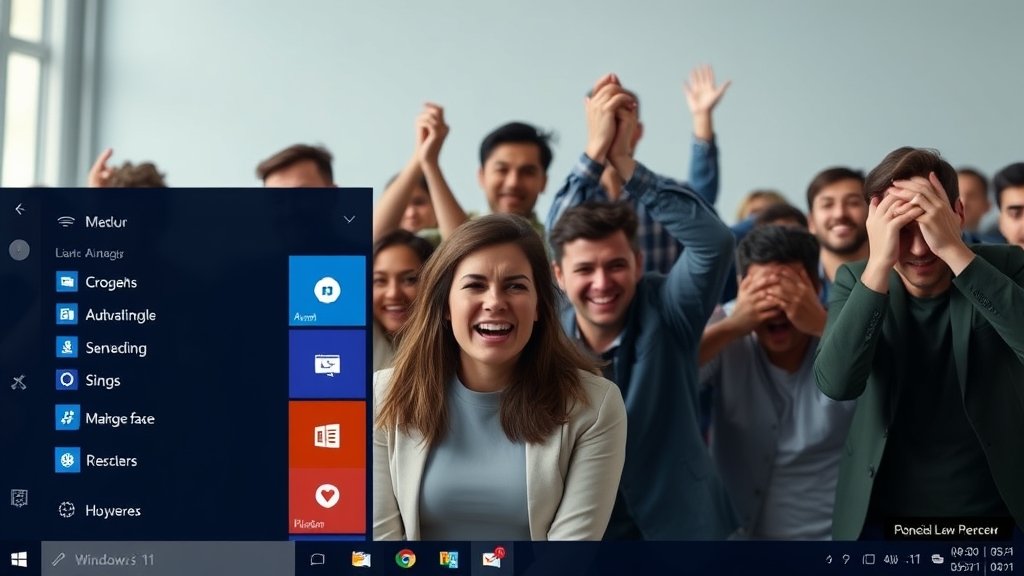 A screenshot of Windows 11's new Start menu with a mix of happy and frustrated users in the background, highlighting the contrast between the expected and actual user experience.
