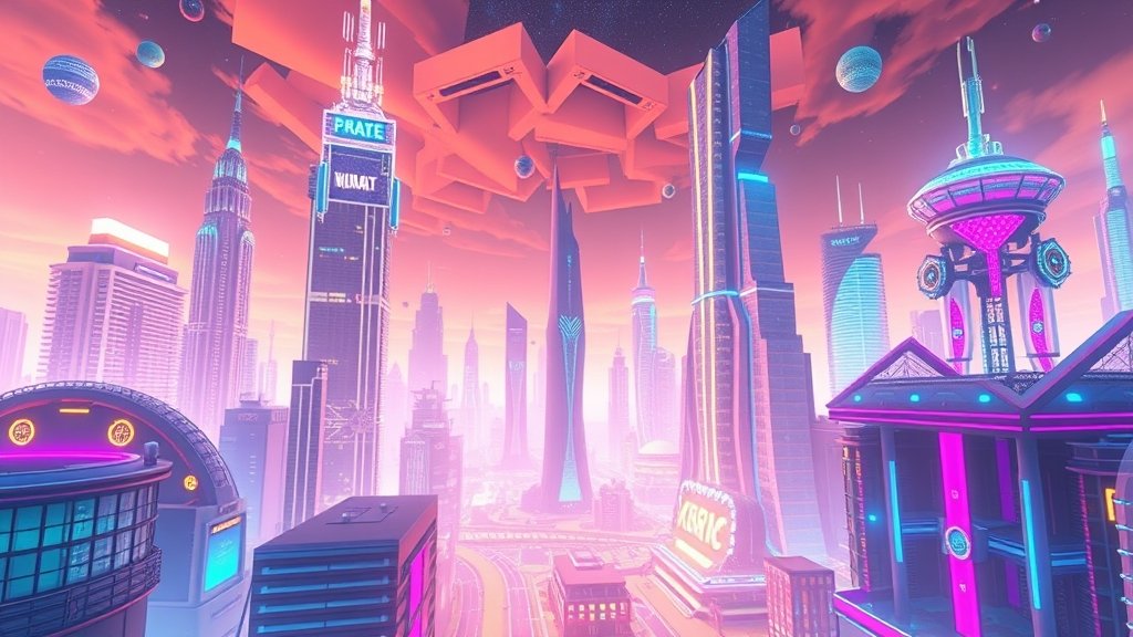 A futuristic illustration of a metaverse cityscape with AI-generated avatars and virtual buildings, highlighting the intersection of generative AI and metaverse technologies.