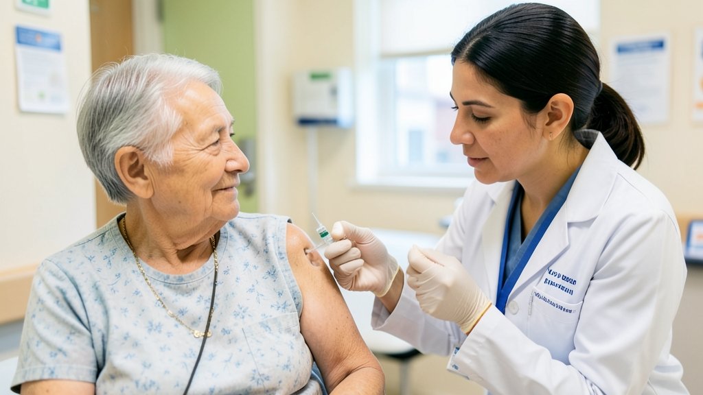 A photograph of a healthcare professional administering a vaccine to an older adult, with a subtle background of a hospital or clinic, conveying a sense of trust and preventive care.