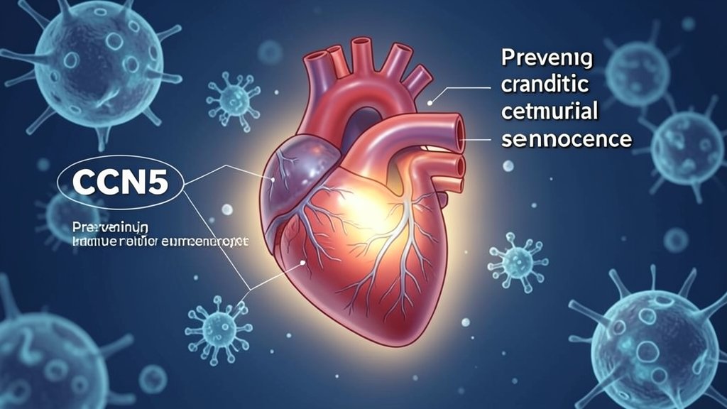 An illustration of a human heart with a subtle glow, surrounded by microscopic cellular structures, highlighting the role of CCN5 protein in preventing cardiac cellular senescence.
