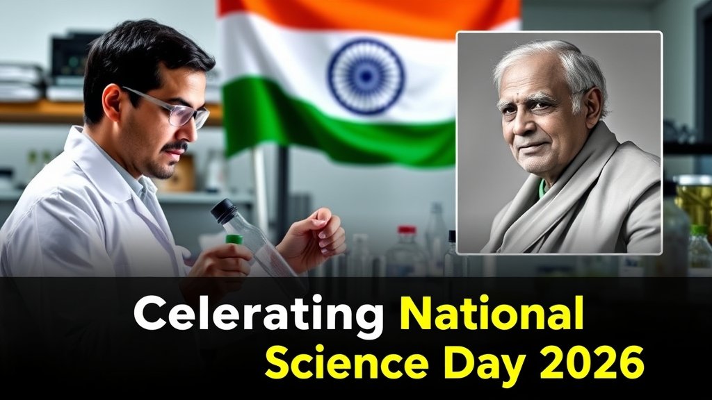 An image of a scientist working in a laboratory with a backdrop of the Indian flag and a picture of CV Raman, with a caption "Celebrating National Science Day 2026"