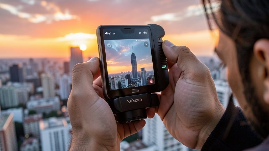 A high-quality image of the Vivo X300 Ultra smartphone with a dual teleconverter kit and a person taking a photo of a cityscape at sunset.