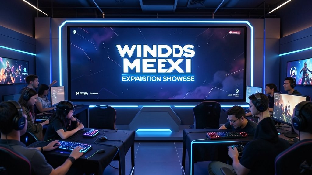 A futuristic gaming setup with a large screen displaying the Winds Meet Hexi Expansion Showcase logo, surrounded by excited gamers and developers.