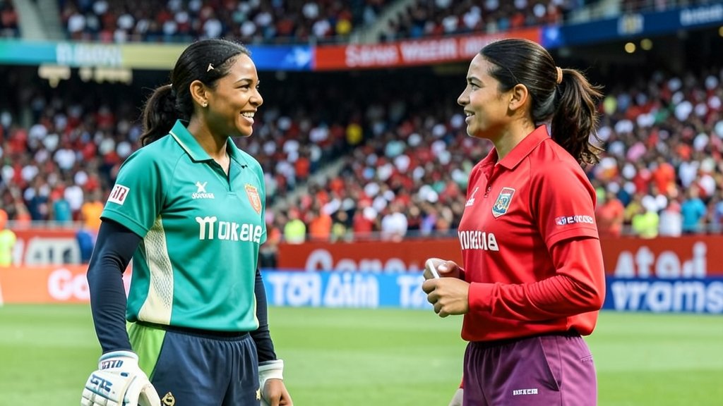 A photo of the West Indies Women's cricket team and the Sri Lanka Women's cricket team facing off in a T20I match, with a stadium crowd in the background.