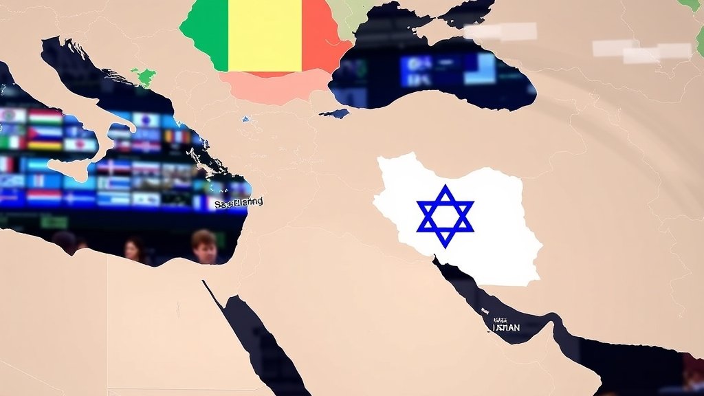 A map of the Middle East with Israel and Iran highlighted, with a background of a newsroom or a world map with flags of the involved countries
