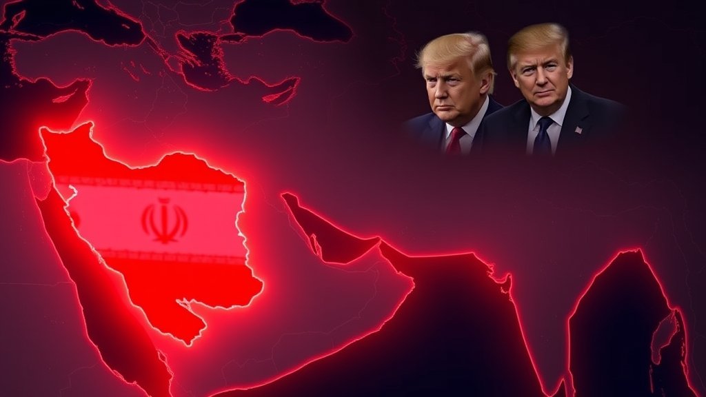 A dramatic illustration of the Middle East map with a red glow around Iran and the US, symbolizing the rising tensions between the two nations, with a subtle image of Trump and Iranian leaders in the background.