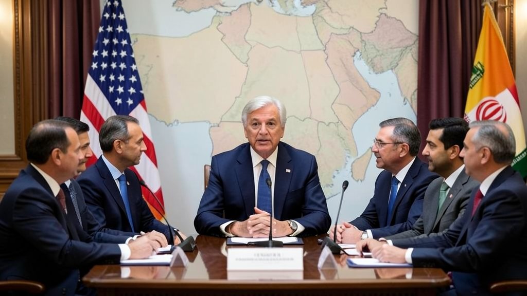A photograph of the US Secretary of State meeting with international leaders to discuss the situation in Iran, with a subtle background of a map of the Middle East.