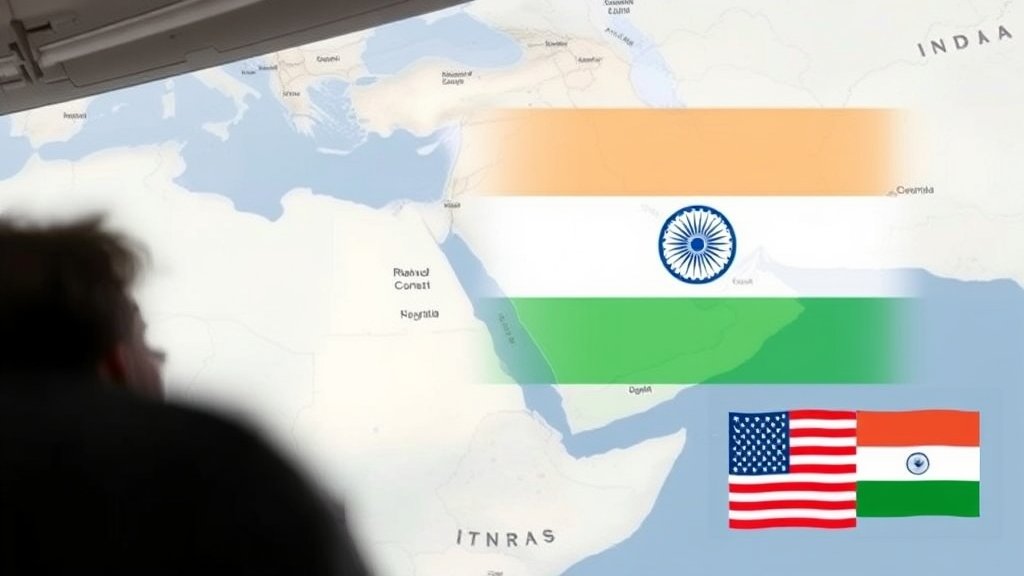 A photograph of an Indian evacuation flight from West Asia, with a subtle background of a map highlighting the region, and a faint image of the Indian and US flags in the corner, symbolizing the complex international dynamics at play.