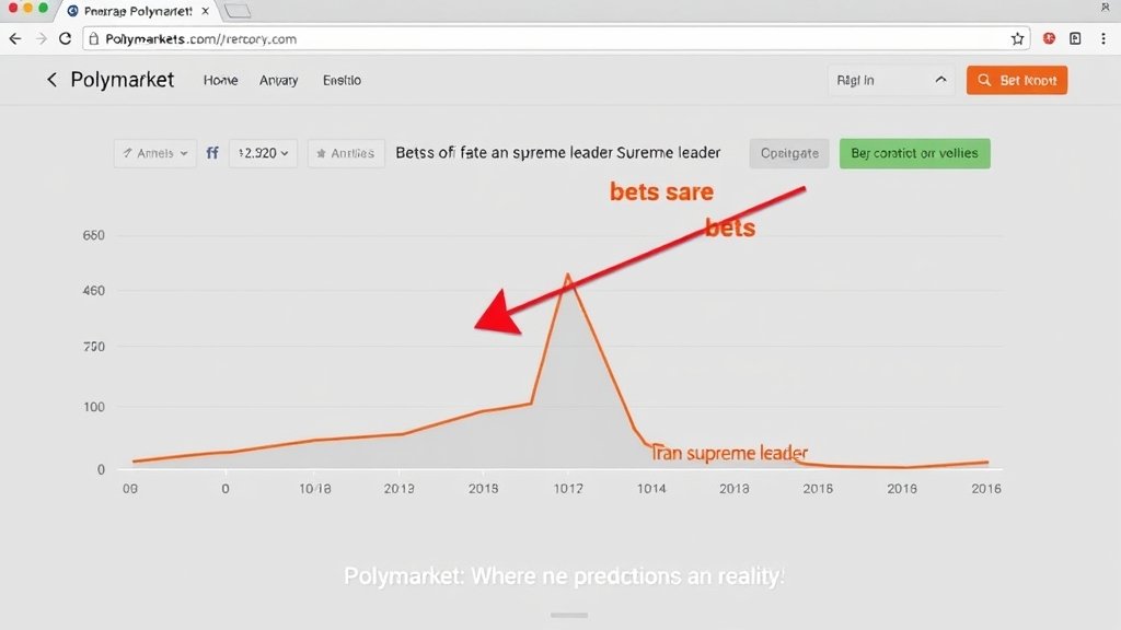 A screenshot of the Polymarket website showing a graph of bets on the fate of Iran's supreme leader, with a red arrow pointing to a significant spike in bets before the strike, and a caption "Polymarket: Where predictions meet reality"