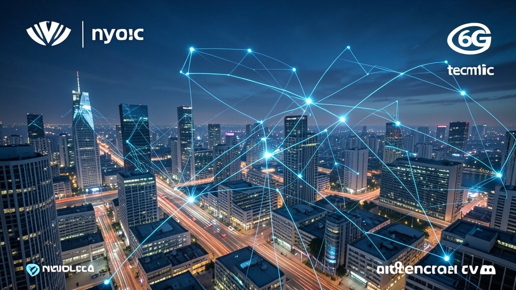 A futuristic illustration of a city with 6G network connections, featuring Nvidia and telecom company logos in the background