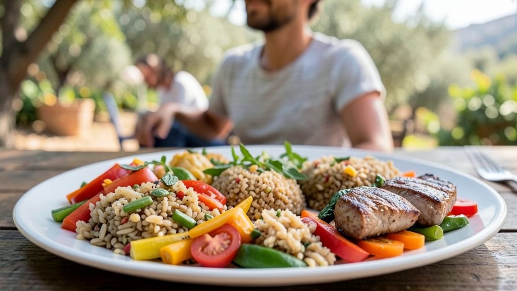 A photo of a delicious and colorful Mediterranean-style meal with fresh vegetables, whole grains, and lean protein, with a subtle background image of a person enjoying the outdoors without any respiratory issues