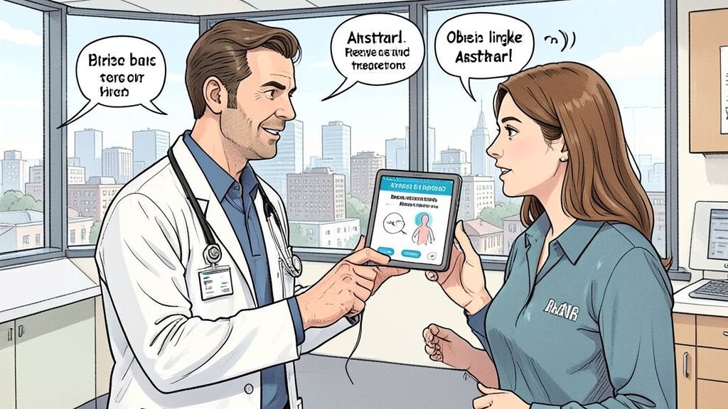 A detailed illustration of a doctor explaining asthma treatment options to a patient, with a focus on respiratory biologics and obesity-linked asthma, in a hospital setting with a cityscape in the background.