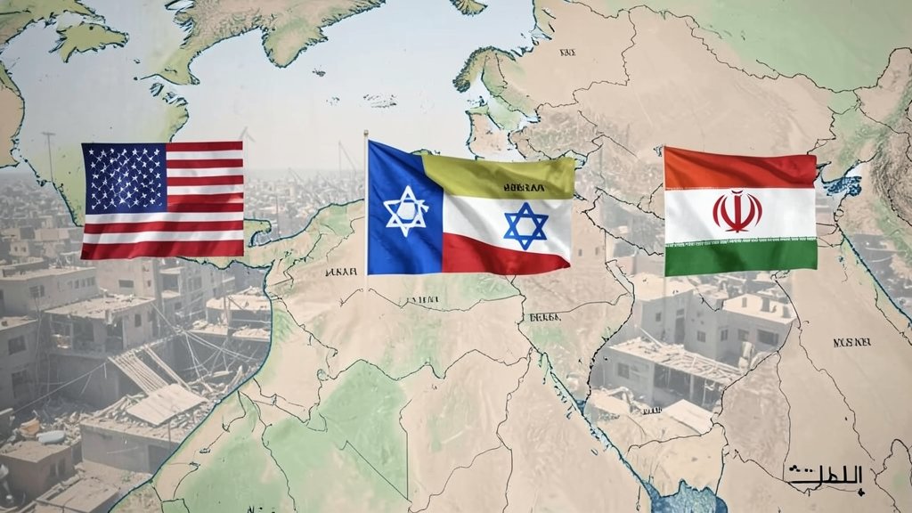 A map of the Middle East with flags of the United States, Israel, and Iran, with a subtle background image of a war-torn city