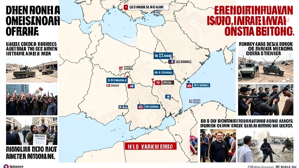 A map of the Middle East with US embassy locations marked, surrounded by news headlines and images of protests and military activity