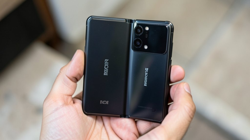 A person holding the Motorola Razr Fold smartphone with the screen open, showcasing its foldable design and camera capabilities