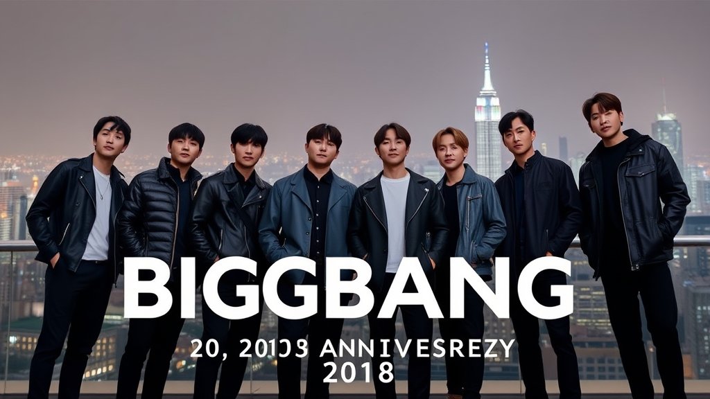 A photo of the BIGBANG group members standing together, with a cityscape in the background, symbolizing their global tour and 20th anniversary celebration.