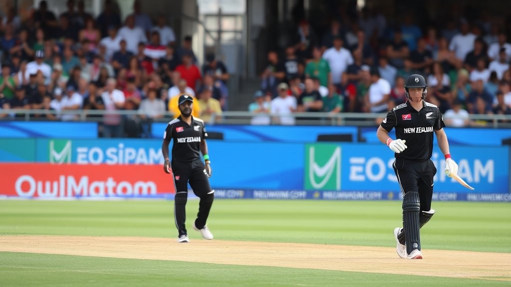 A photo of the New Zealand cricket team in action during a T20 World Cup match, with a focus on the team's captain and a stadium filled with enthusiastic fans in the background.