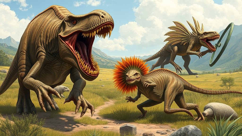 An illustration of a large land predator hunting a big plant-eater in a prehistoric landscape, with a focus on the predator's sharp teeth and the plant-eater's defensive armor.