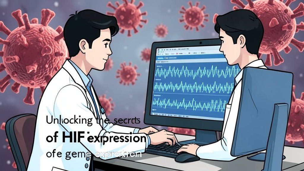 An illustration of a scientist studying a DNA sequence on a computer screen, with a background of HIV virus particles and a caption "Unlocking the secrets of HIV gene expression"